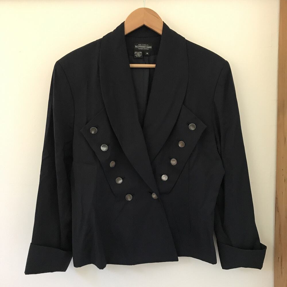 J Peterman Company Navy Blue Worsted Wool Blazer Jacket Womens 14 L 44" Chest